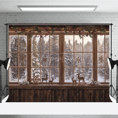 Aperturee - Aperturee Cozy Rustic Wooden Window Photography Backdrop with Snowy Forest View Pinecones Berries and Reindeer Decor