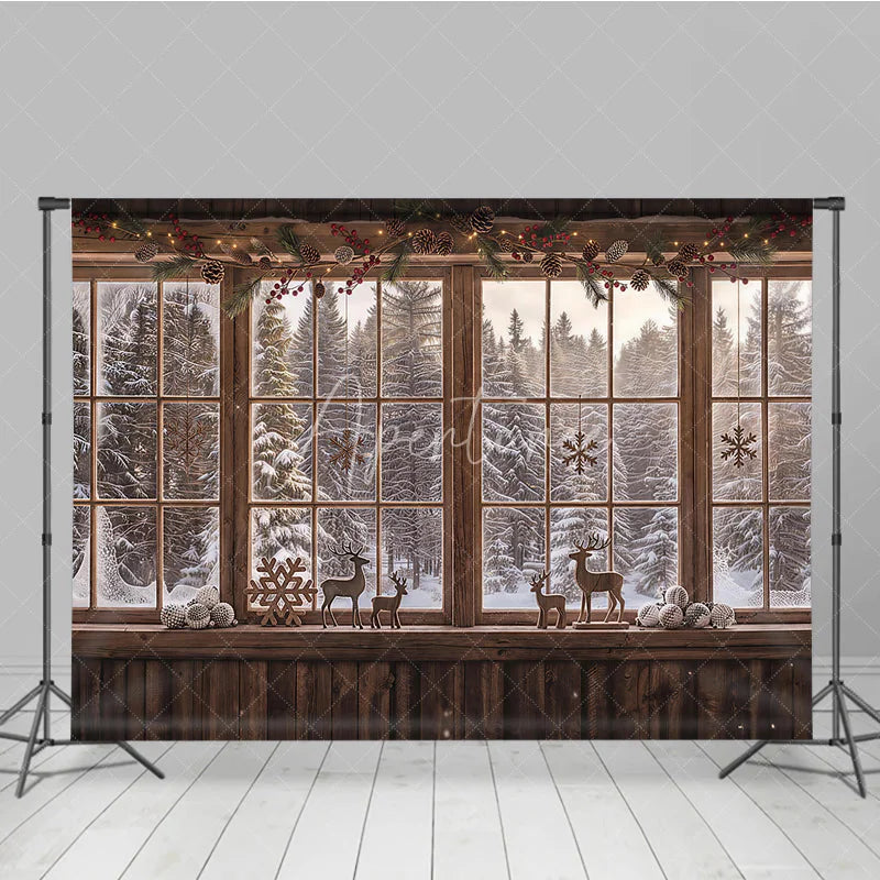 Aperturee - Aperturee Cozy Rustic Wooden Window Photography Backdrop with Snowy Forest View Pinecones Berries and Reindeer Decor