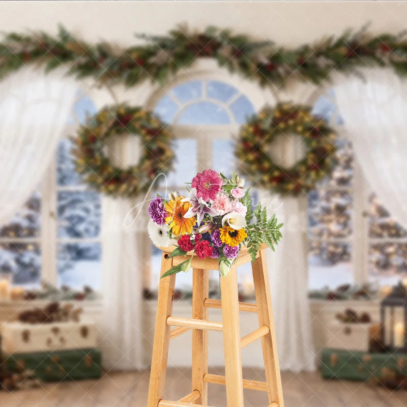 Aperturee - Aperturee Cozy Snowy Window Holiday Backdrop Christmas Trees Festive Garland and Illuminated Wreaths Winter Scene Decor