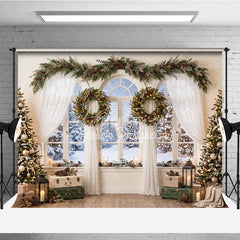 Aperturee - Aperturee Cozy Snowy Window Holiday Backdrop Christmas Trees Festive Garland and Illuminated Wreaths Winter Scene Decor