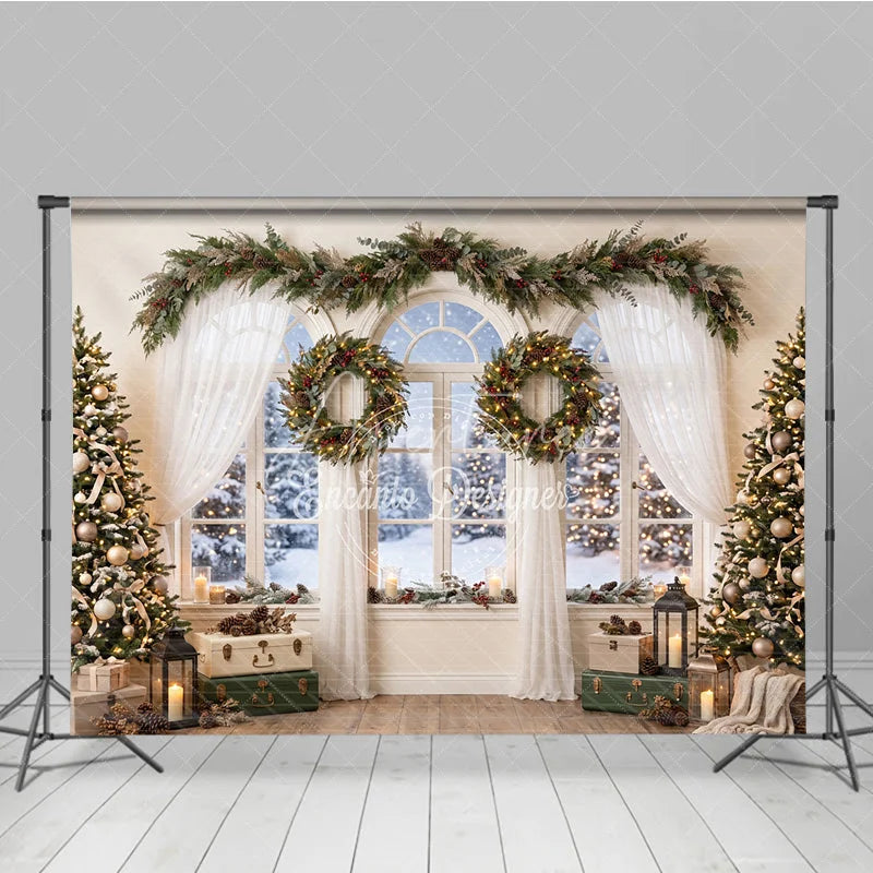 Aperturee - Aperturee Cozy Snowy Window Holiday Backdrop Christmas Trees Festive Garland and Illuminated Wreaths Winter Scene Decor