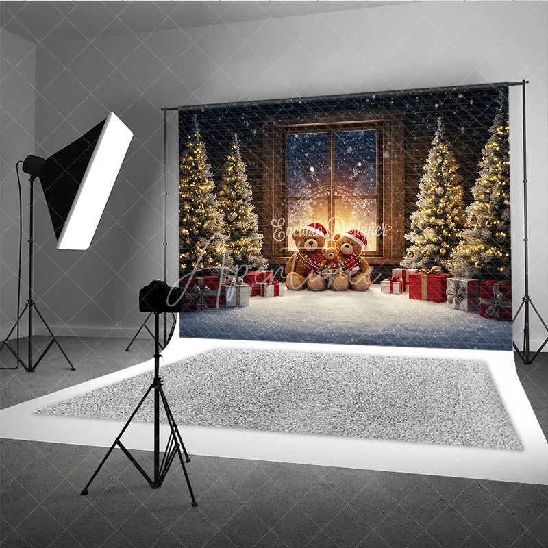 Aperturee - Aperturee Cozy Teddy Bear Family Christmas Photography Backdrop Snowy Window Scene Holiday Mini Session Background