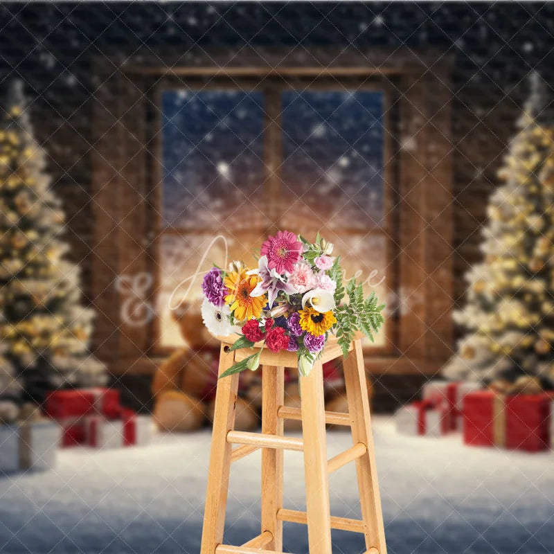 Aperturee - Aperturee Cozy Teddy Bear Family Christmas Photography Backdrop Snowy Window Scene Holiday Mini Session Background
