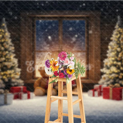 Aperturee - Aperturee Cozy Teddy Bear Family Christmas Photography Backdrop Snowy Window Scene Holiday Mini Session Background