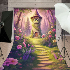 Aperturee - Aperturee Cozy Tower Pink Floral Trees Sweep Photo Backdrop