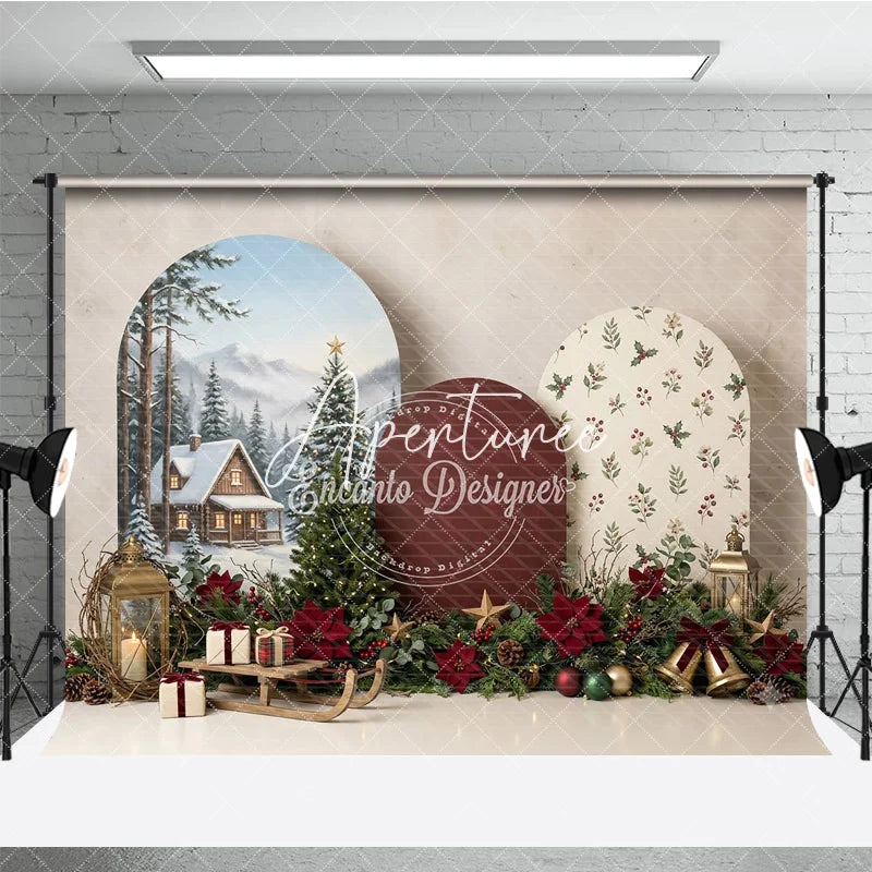 Aperturee - Aperturee Cozy Winter Cabin and Snowy Pine Trees Christmas Holiday Backdrop Festive Poinsettia Gifts and Sled Decor