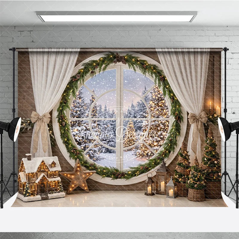 Aperturee - Aperturee Cozy Winter Holiday Backdrop with Round Window Snowy Forest and Festive Christmas Tree Decorations