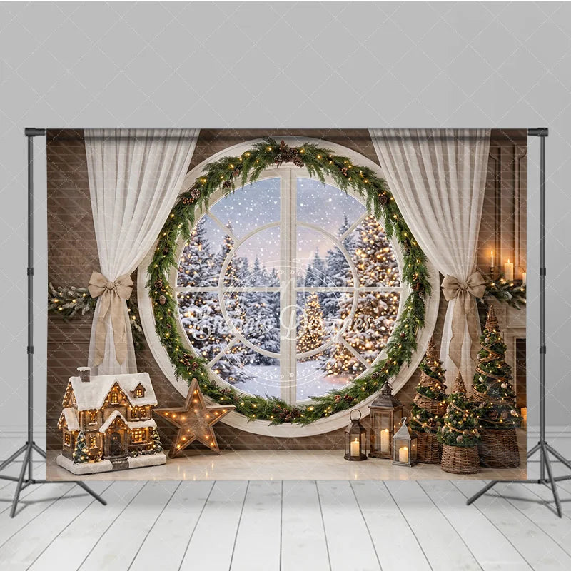 Aperturee - Aperturee Cozy Winter Holiday Backdrop with Round Window Snowy Forest and Festive Christmas Tree Decorations