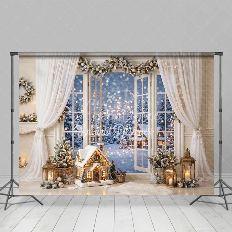 Aperturee - Aperturee Cozy Winter Holiday Backdrop with Snowy Window View Festive Garland and Illuminated House for Christmas
