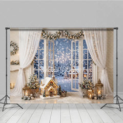Aperturee - Aperturee Cozy Winter Holiday Backdrop with Snowy Window View Festive Garland and Illuminated House for Christmas