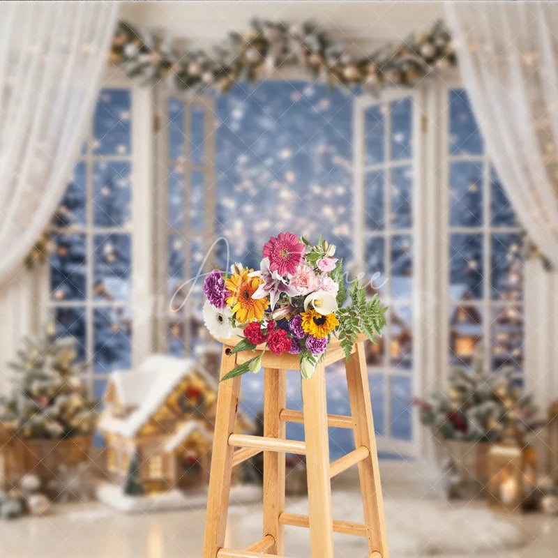 Aperturee - Aperturee Cozy Winter Holiday Backdrop with Snowy Window View Festive Garland and Illuminated House for Christmas