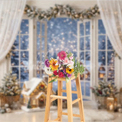 Aperturee - Aperturee Cozy Winter Holiday Backdrop with Snowy Window View Festive Garland and Illuminated House for Christmas