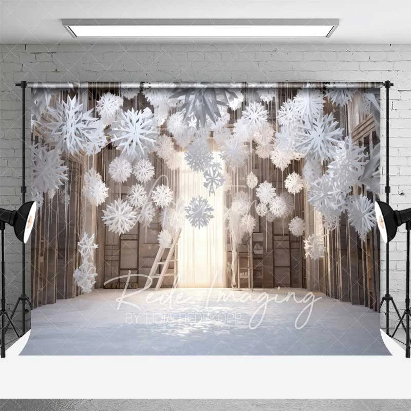 Aperturee - Aperturee Cozy Winter Room Backdrop Hanging Snowflakes Wooden Shelves Ladder Warm Light Photo Background