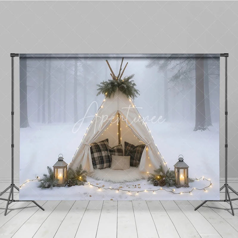 Aperturee - Aperturee Cozy Winter Teepee in Snowy Forest Photography Backdrop Boho Tent with Plaid Pillows Holiday Photo Session