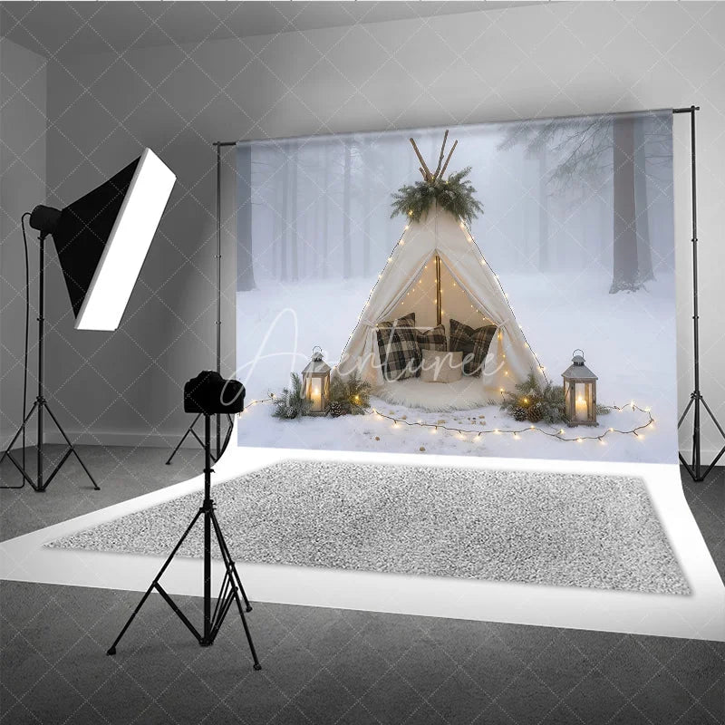 Aperturee - Aperturee Cozy Winter Teepee in Snowy Forest Photography Backdrop Boho Tent with Plaid Pillows Holiday Photo Session