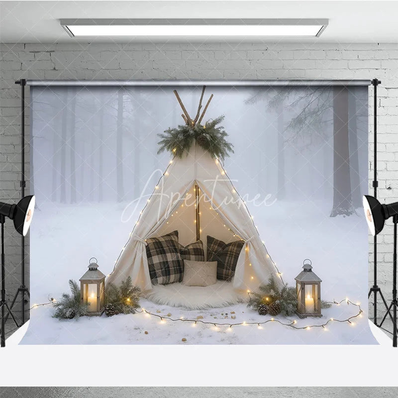 Aperturee - Aperturee Cozy Winter Teepee in Snowy Forest Photography Backdrop Boho Tent with Plaid Pillows Holiday Photo Session