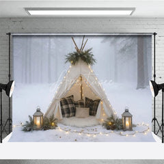 Aperturee - Aperturee Cozy Winter Teepee in Snowy Forest Photography Backdrop Boho Tent with Plaid Pillows Holiday Photo Session