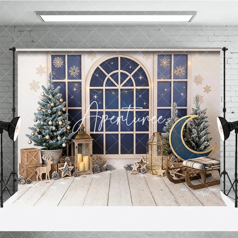 Aperturee - Aperturee Cozy Winter Window Holiday Backdrop Christmas Tree and Wooden Sled Photo Background for Party Decor