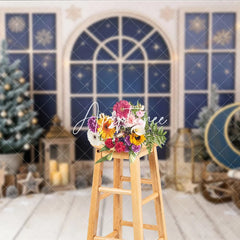 Aperturee - Aperturee Cozy Winter Window Holiday Backdrop Christmas Tree and Wooden Sled Photo Background for Party Decor
