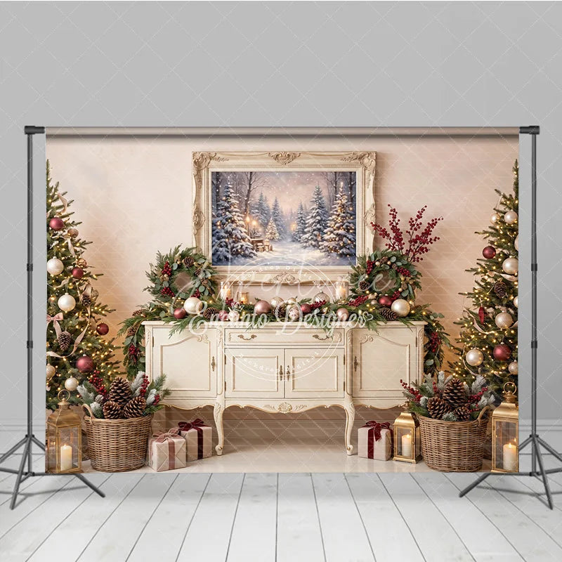 Aperturee - Aperturee Cozy Winter Wonderland Holiday Backdrop Decorated Christmas Trees Snowy Forest Painting and Festive Garlands