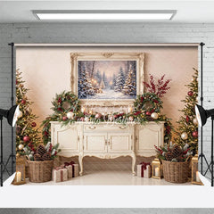 Aperturee - Aperturee Cozy Winter Wonderland Holiday Backdrop Decorated Christmas Trees Snowy Forest Painting and Festive Garlands