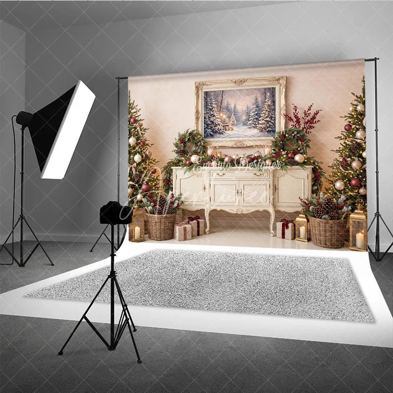 Aperturee - Aperturee Cozy Winter Wonderland Holiday Backdrop Decorated Christmas Trees Snowy Forest Painting and Festive Garlands
