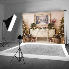 Aperturee - Aperturee Cozy Winter Wonderland Holiday Backdrop Decorated Christmas Trees Snowy Forest Painting and Festive Garlands