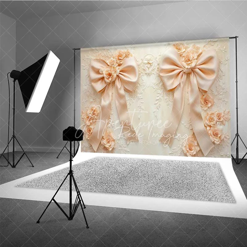 Aperturee - Aperturee Cream Beige Bow 3D Floral Photography Backdrop Luxury Wedding Relief Flower Background