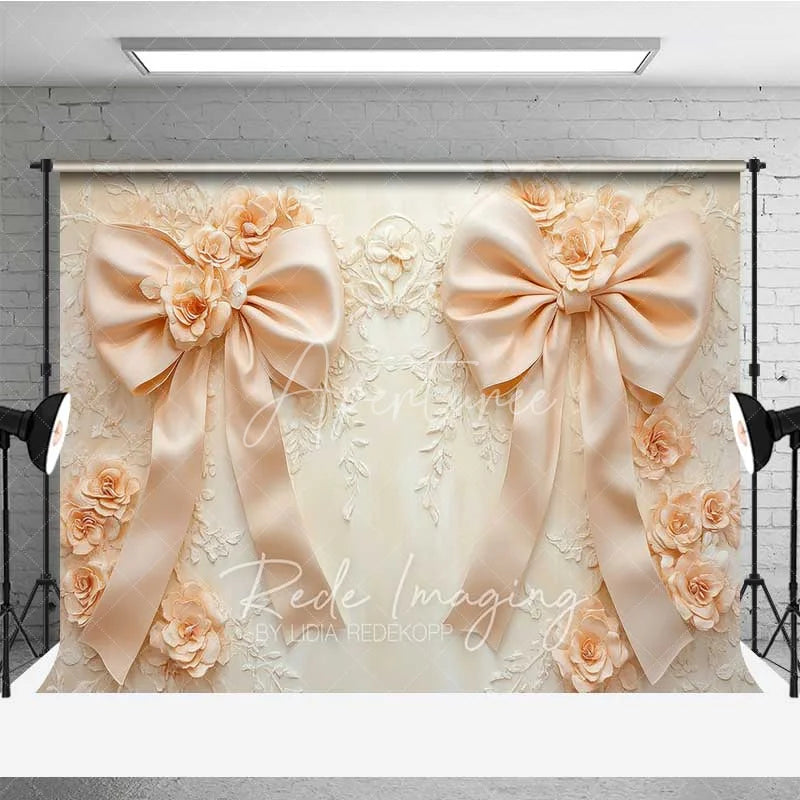 Aperturee - Aperturee Cream Beige Bow 3D Floral Photography Backdrop Luxury Wedding Relief Flower Background