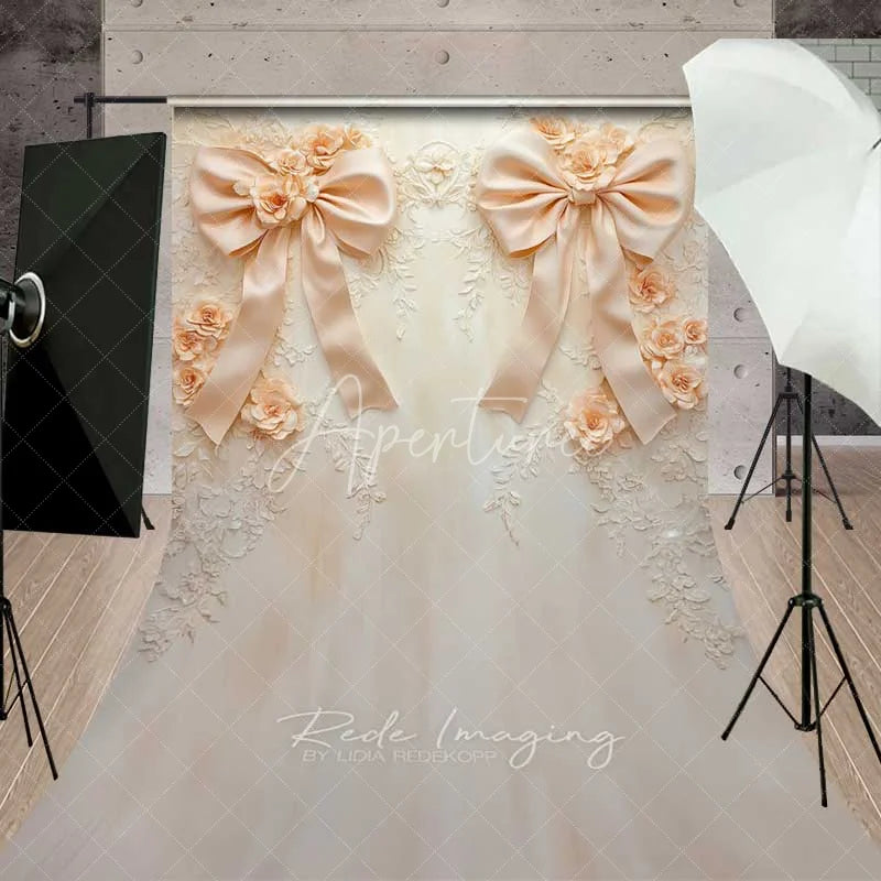Aperturee - Aperturee Cream Beige Bow 3D Floral Sweep Photography Backdrop Luxury Wedding Relief Flower Floor Photo Background