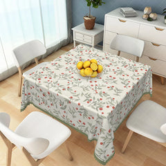 Aperturee - Aperturee Cream Botanical Rectangle Tablecloth with Red Berries and Green Leaves Elegant Scalloped Edge Dining Decor