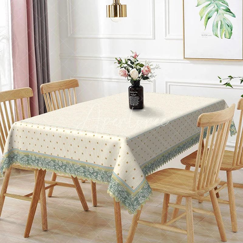 Aperturee - Aperturee Cream Damask Texture Teal Floral Border Rectangle Tablecloth Elegant Dining Decor Washable Kitchen Table Cover