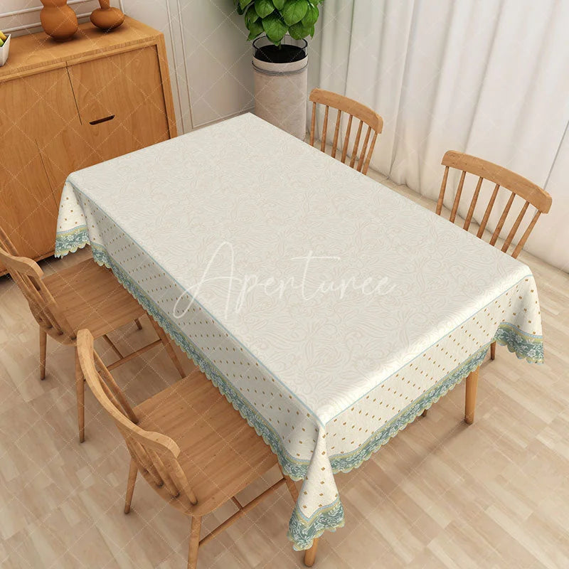 Aperturee - Aperturee Cream Damask Texture Teal Floral Border Rectangle Tablecloth Elegant Dining Decor Washable Kitchen Table Cover