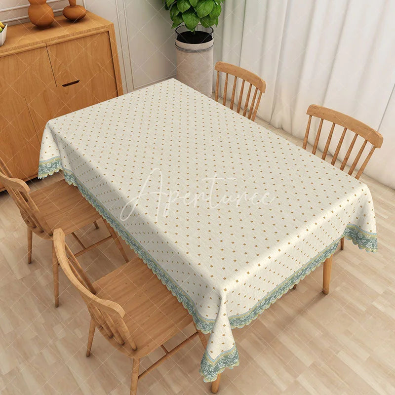 Aperturee - Aperturee Cream Dotted Pattern Teal Floral Border Rectangle Tablecloth Elegant Dining Decor Washable Kitchen Table Cover