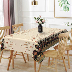 Aperturee - Aperturee Cream Ethnic Boho Border Rectangle Tablecloth Red Orange Tribal Pattern Traditional Dining Table Cover Decoration