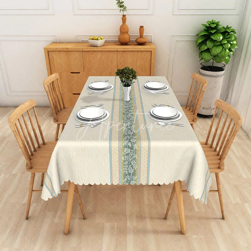 Aperturee - Aperturee Cream Texture Teal Floral Center Striped Rectangle Tablecloth Classic Dining Decor Washable Kitchen Table Cover