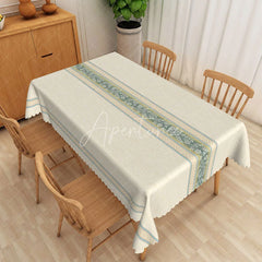 Aperturee - Aperturee Cream Texture Teal Floral Center Striped Rectangle Tablecloth Classic Dining Decor Washable Kitchen Table Cover