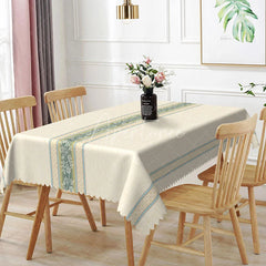 Aperturee - Aperturee Cream Texture Teal Floral Center Striped Rectangle Tablecloth Classic Dining Decor Washable Kitchen Table Cover