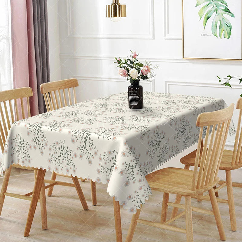 Aperturee - Aperturee Cream White Daisy Floral Rectangle Tablecloth Green Leaf Wildflower Pattern Cover Spring Dining Room Decor