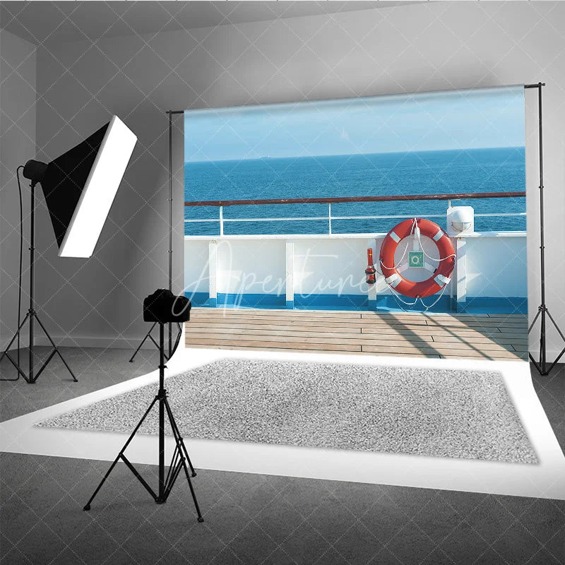 Aperturee - Aperturee Cruise Ship Deck Summer Backdrop Red Life Ring and Blue Ocean View Photo Background for Vacation Party
