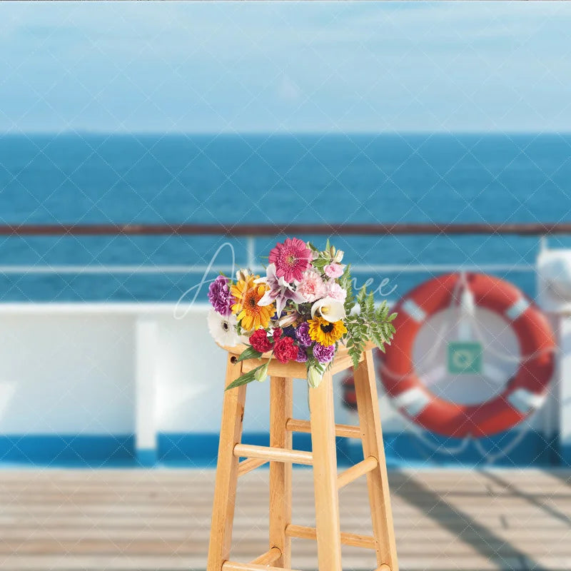 Aperturee - Aperturee Cruise Ship Deck Summer Backdrop Red Life Ring and Blue Ocean View Photo Background for Vacation Party
