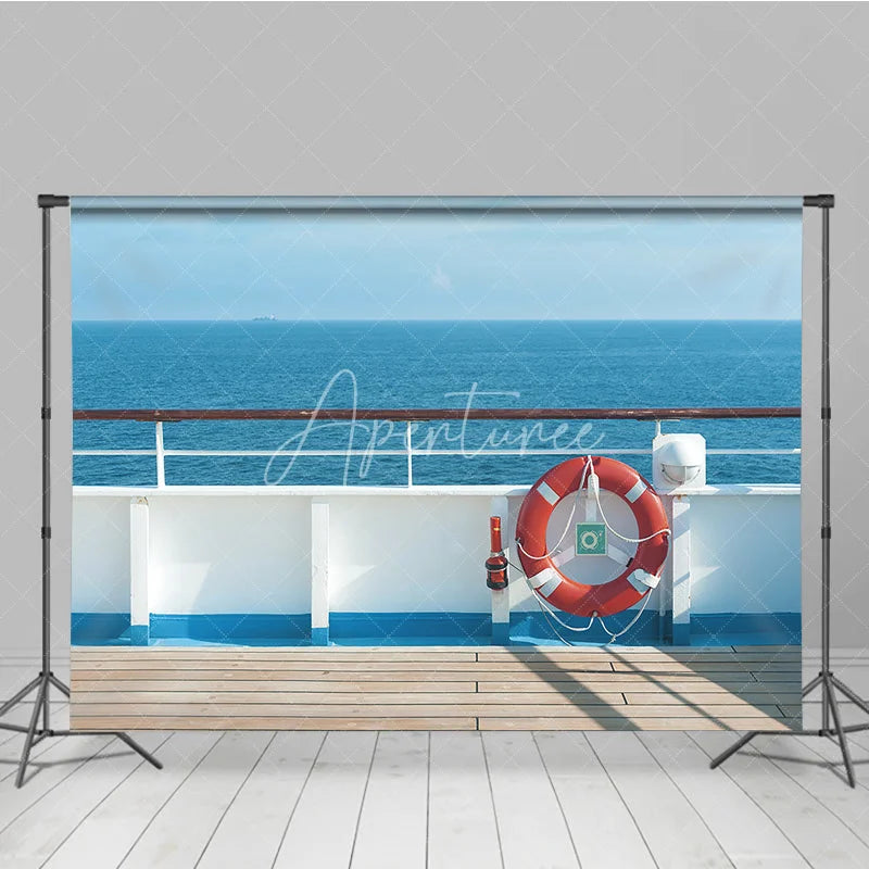 Aperturee - Aperturee Cruise Ship Deck Summer Backdrop Red Life Ring and Blue Ocean View Photo Background for Vacation Party