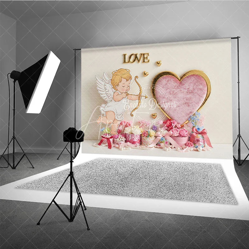 Aperturee - Aperturee Cupid Angel Love Heart Backdrop Gold Frame Pearl Floral Background Valentine Day Photography Prop