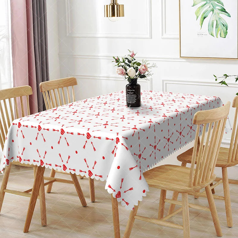 Aperturee - Aperturee Cupid Arrow Burst Rectangle Tablecloth Red Geometric Heart Pattern on White Modern Valentine Party Decor