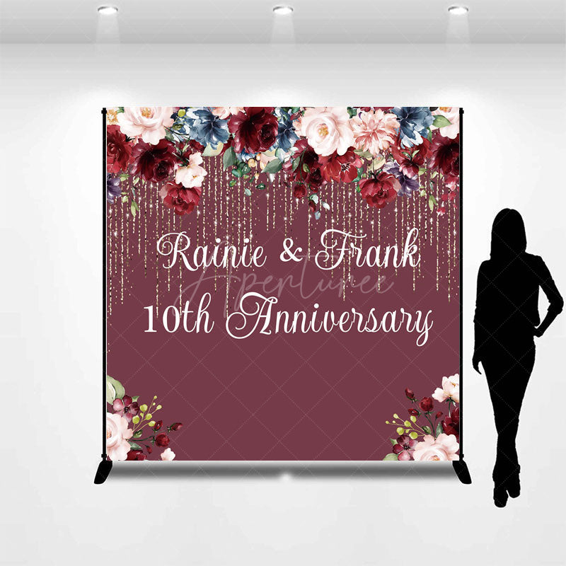 Aperturee Aperturee Custom 10th Anniversary Party Backdrop Burgundy and Blush Floral with Gold Glitter Personalized Wedding Decor