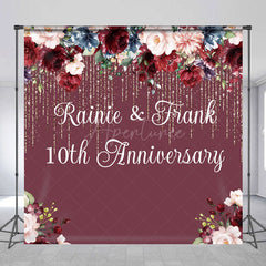 Aperturee Aperturee Custom 10th Anniversary Party Backdrop Burgundy and Blush Floral with Gold Glitter Personalized Wedding Decor