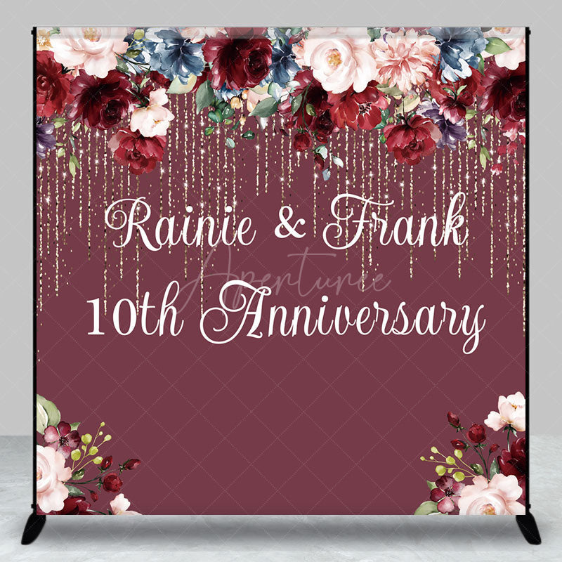 Aperturee Aperturee Custom 10th Anniversary Party Backdrop Burgundy and Blush Floral with Gold Glitter Personalized Wedding Decor