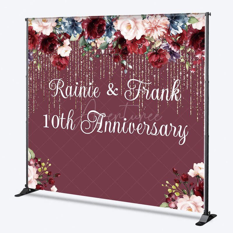 Aperturee Aperturee Custom 10th Anniversary Party Backdrop Burgundy and Blush Floral with Gold Glitter Personalized Wedding Decor