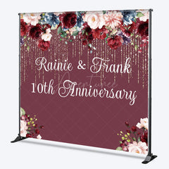 Aperturee Aperturee Custom 10th Anniversary Party Backdrop Burgundy and Blush Floral with Gold Glitter Personalized Wedding Decor