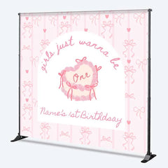 Aperturee - Aperturee Custom 1st Birthday Backdrop Pink Bows Coquette Personalize Name Cute Heart Cake Ribbon Background Girl Party Prop